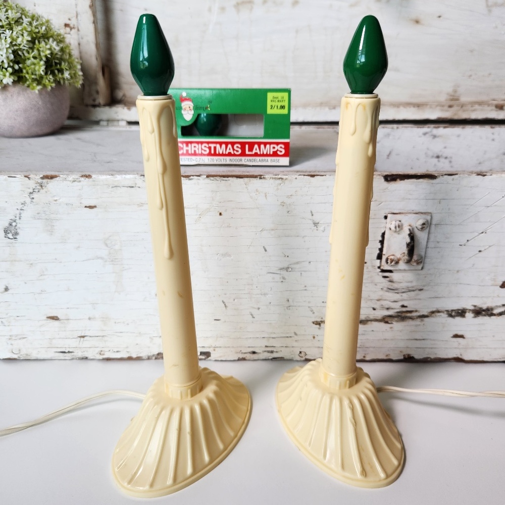 Pair Vintage Electric Window Christmas CandleStick Light, Plastic Drip Candle - Picture 2 of 10